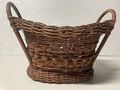 Vintage Double Handle Woven Basket With Wooden Bead Accents & Wood Bottom Brown • $22