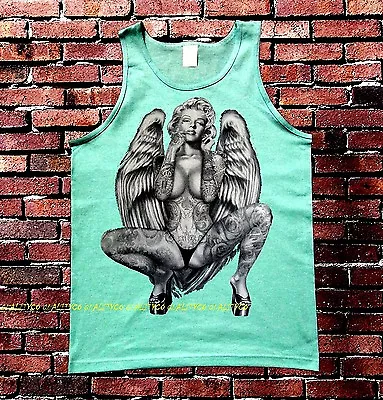 Men's Marilyn Monroe Wings Mint Green Tank Top Dope Tattoo High Kush Sexy Rave • $10.99