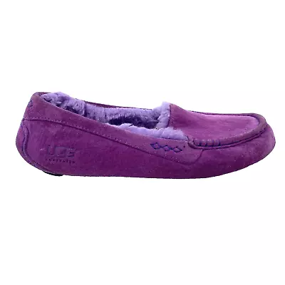 Womens 10 UGG Ansley Moccasin Purple Suede Leather Shearling Fur Slippers 3312 • $29.99