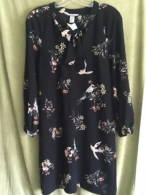 H&M Women's Black Floral Bird Print Dress Long Sleeve Size 4  Tie Neck NWT  • $30