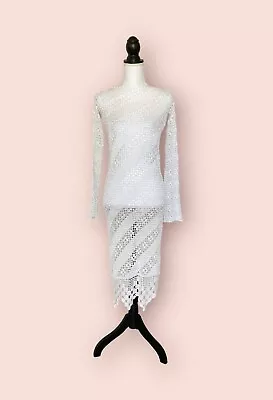 Vintage White Crochet Pencil Dress Long Sleeve Size S/M • $65