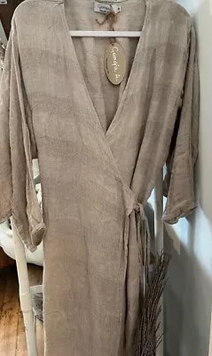 Georgie A. Italian Self Stripe Linen Midi Wrap Dress In Naturale Size Medium • $220