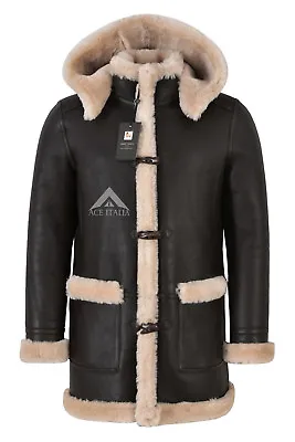 Men's Leather Sheepskin Duffle Coat Brown Beige Fur Hooded 100% Shearling Ivar • $497.34