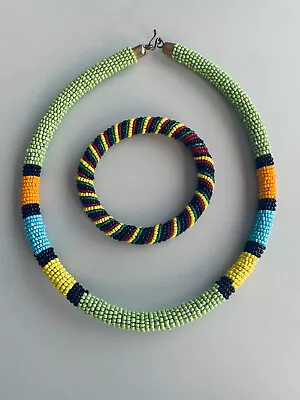 African Maasai Beaded Green Multi Color Choker Necklace Ethnic Masai + Bangle • $17.97