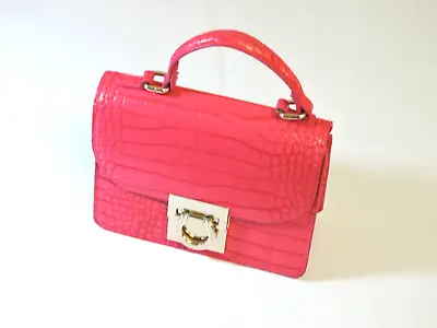 H&M  Evening Party Handbag Faux Crocodile Skin Clutch Bag Framed Pink Gold Small • £11.99