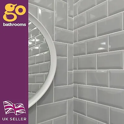 Glossy Light Grey Ceramic Subway Metro Tile With Bevelled Edge 100x200mm Box • £14.94