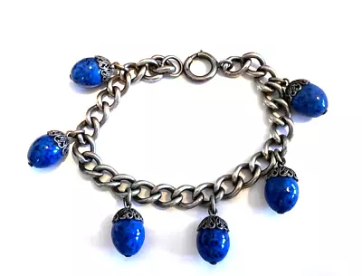 Vintage 925 Sterling Silver Charm Bracelet Old Dark Blue Art Glass Egg Charms • $19.99