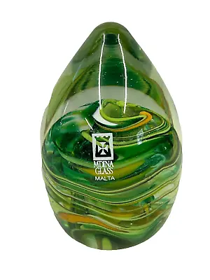 MDINA GLASS MALTA ART GLASS PAPERWEIGHT (Green Orange White) SIGNED & NO. (3.5 ) • $27.97