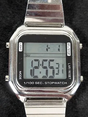 Mens Digital Day Date Alarm Silv5er Tone Stainless Steel  Stretch Band Watch • $13.99