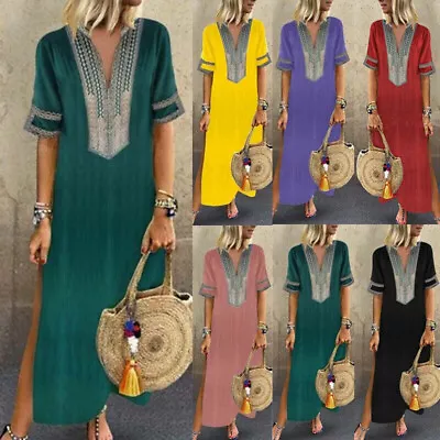 $27.47 • Buy Women's Printed Long Sleeve V-neck Maxi Dress Hem Baggy Kaftan Long Dress