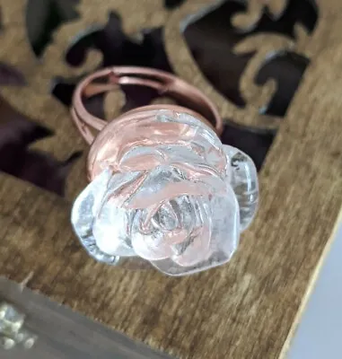 Handmade Ice Rose Resin Statement Ring Flower Shaped Rosegold Adjustable Band • £8.95