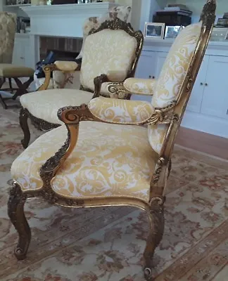 A MAJESTIC PAIR Of  LOUIS XV (style - 19th Century) Gilt Armchairs In FORTUNY • £3615.76