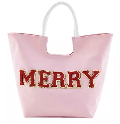 Mud Pie Large Christmas Tote Cotton Chenille Glitter Patch MERRY  - Pink • $38