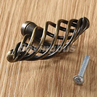 10x Vintage Brass Twist Cage Spiral Style Knobs Kitchen Cabinet Pull Handles • £30.19