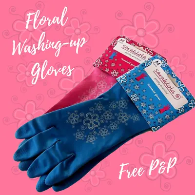 🌼 Floral Rubber Washing Up Gloves In Pink Or Blue Sizes M/L UK Seller! 🌼 • £2.55