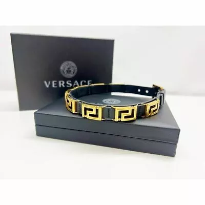 Versace Greca Greek 1007313 Black Leather Gold Plated Choker Necklace *Mpr985 • $388.50