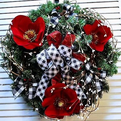 Pine Greenery Christmas Magnolia Berry Wreath With Buffalo Check Ribbon 20  • $31.50