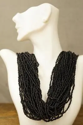 Vintage Artisan Jewelry 36 Strand Black Seed Bead Beaded Statement Necklace • $22.49