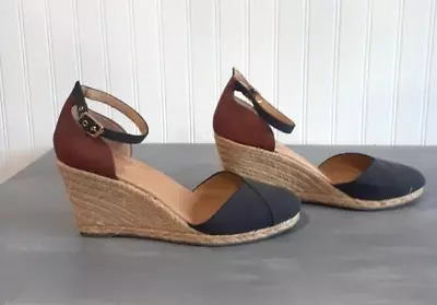 Me Too Blakely Canvas Espadrille Wedge 10M Solid Two Tone Black Brown Strappy • $21.84