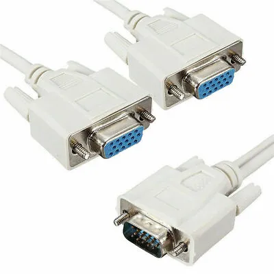 £2.99 • Buy New 1 PC To 2 Way VGA SVGA Monitor Y Splitter Cable Lead 15Pin Male Female LCD