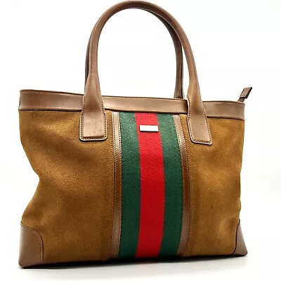 GUCCI Leather Sherry Line Tote Bag Suede Brown Beige Vintage From Japan • $249