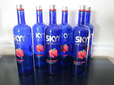 Lot Of 6 Empty 1 Liter Skyy Strawberry Vodka Blue Glass Bottles With Caps • $18