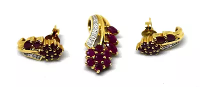 Beautiful 14K Yellow Gold  Natural Ruby And Diamond Pendant And Earrings Set • $599