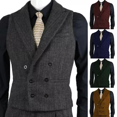 Mens Formal Western Suit Vest Double-Breasted Vintage Tweed Wool Blend Waistcoat • $33.99