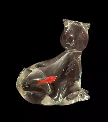 Murano Style Art Glass Cat Paperweight Figurine Blue Red Eyes Fish No Mark Ex Co • $39.99