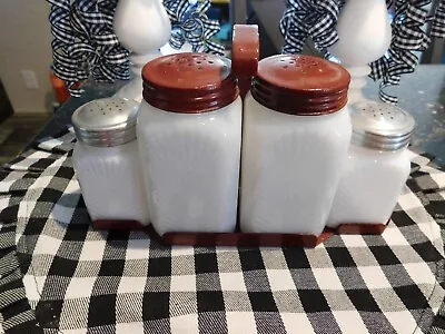 Vintage Milk Glass Salt And Pepper Shakers With Metal Rack • $25.95