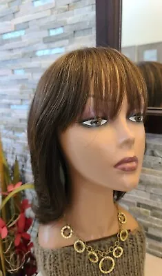 $99 • Buy 13  Brown Wig Sheitel Human Hair Moveable Part & Bangs Highlights FLAW XL Cap