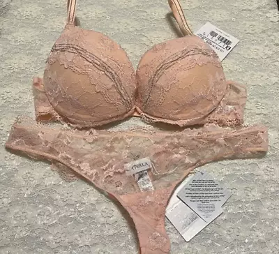 La Perla Baronessa Collection 34B S Push Up Bra Thong Set Lace Soft Pink Beading • $199.99