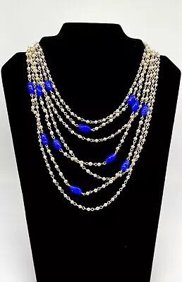 Vintage 1950s Faux Pearl &  Blue Lucite Multi-Strand Beaded Necklace - Hong Kong • £2.99