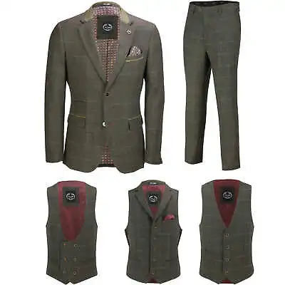 Men Tweed Check 3 Piece Suit Blazer Trouser Waistcoat Sold As Tailored Separates • £34.99