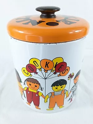 Vintage Ransburg Cookie Tin Canister Metal 8  Children Of The World Orange White • $19.95