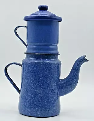 Vintage French Enamelware Drip Coffee Pot 4 Pieces Blue 9  Tall • $49.99