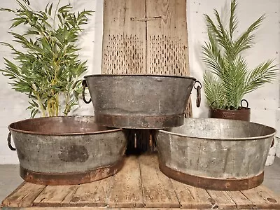 Large Vintage Galvanised Iron Trough Tub Log Basket Garden Planter • £80