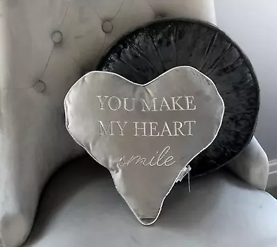 NEW Plush Grey Velour Heart Bedroom Embroidered Cushion 'You Make My Heart Smile • £10.99