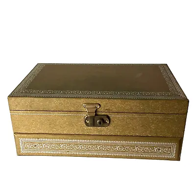 Vintage Mele 3 Tier Jewelry Box - Gold Tone Faux Leather - Velvet Lined W/ KEY • $49.99