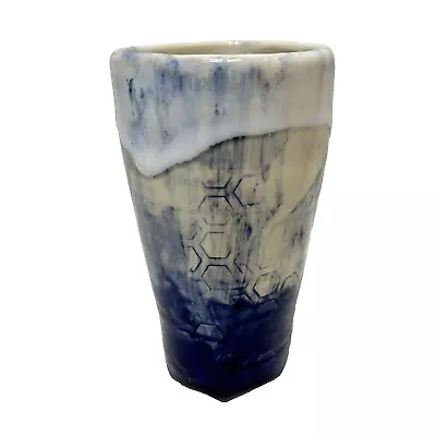 Vintage Handmade Art Pottery Drip Glaze Flower Bud Cylinder Vase Blue White 5  • $18.18