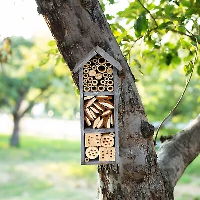 3 Storey Natural Woodside Wooden Insect Bee House Bug Hotel Shelter Garden • £9.27