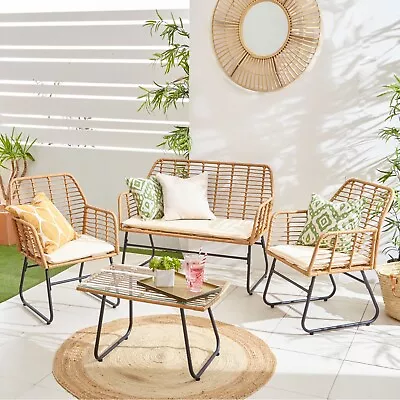 Neo Garden Furniture Wicker Bamboo Style Cane Chair Table Rattan Cushion 4 Piece • £179.99