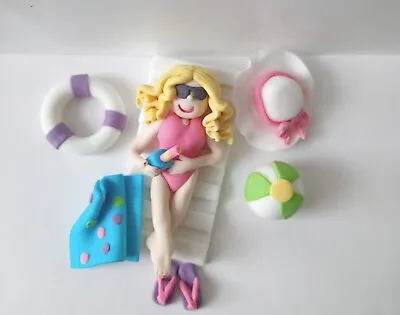 Edible Gum Paste Sunbather Sleeping Woman Beach Cake Topper Set • £29