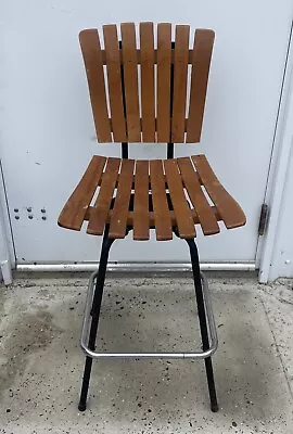 Vintage Wood Slat Swivel Bar Stool Chair Tiki Arthur Umanoff Style • $125