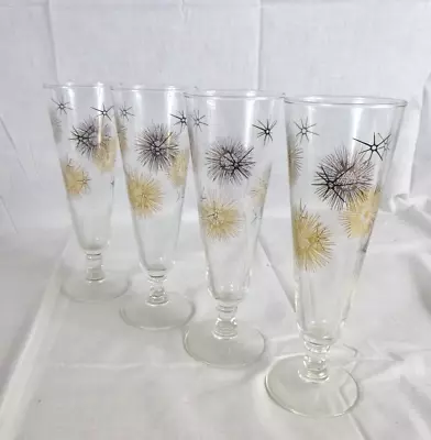 4 Vtg Mid Century MOD Federal Glass Atomic Starburst Pilsner Glasses Black Gold • $34