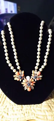 J Crew Statement Necklace Pearl's Blue Peach Floral • $9