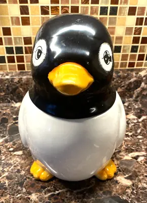 VTG Ceramic Black White YELLOW Penguin Cookie Jar 10 1/2 INS TALL • $29.95