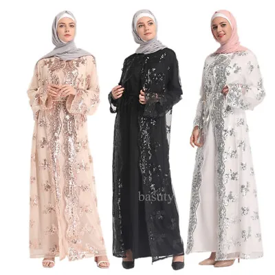 Dubai Abaya Kaftan Maxi Dress Women Muslim Sequins Open Front Cardigan Clothes • $23.10