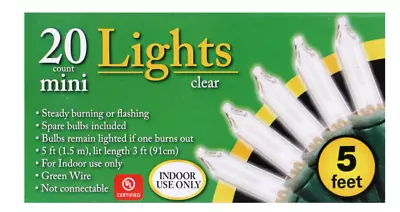 Holiday 5 Ft Christmas Mini Christmas Lights 20 Lights Green Wire ~ Clear • $6.99