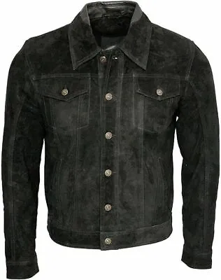 Men's Trucker Leather Suede Jacket Black Western Style Motorcycle Button Jacket • $139